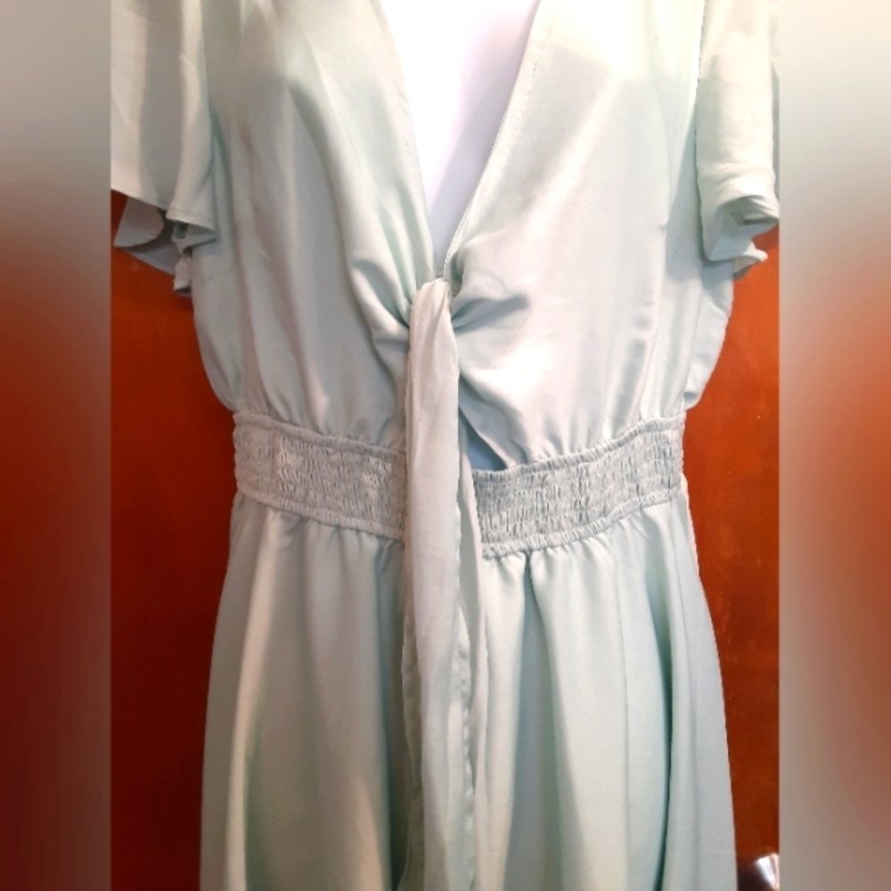 Zesica Women's Cottage Core Lagenlook Dress Size Large Flare And Tie Waist Aqua - Picture 7 of 8